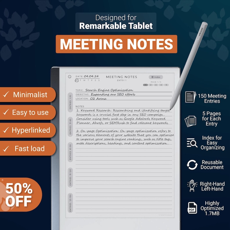 Designed for reMarkable 2 Meeting Notes Template 2025 Notebook - By TabletTemplates
