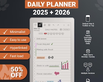 Daily Planner for reMarkable Paper Pro Move 2025 & 2026 Calendar, Hyperlinked PDF Template
