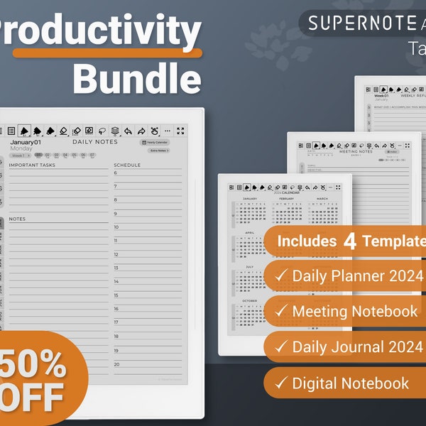 Supernote A5X Templates | Productivity Bundle, Calendar, Daily Planner, Journal, Digital