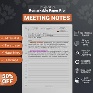 Appunti delle riunioni per Remarkable Paper Pro, taccuino delle riunioni, modello PDF con collegamento ipertestuale