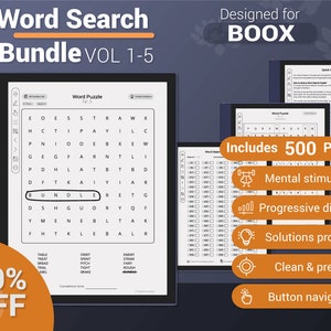 Puede incluir: Una pantalla digital que muestra un rompecabezas de búsqueda de palabras con el texto "Word Puzzle Nr.3" en la parte superior. El rompecabezas está lleno de letras y la palabra "BUNDLE" está resaltada. La pantalla está rodeada por un marco negro y el texto "50% OFF" es visible en la esquina inferior izquierda. La imagen también incluye el texto "Designed for BOOX" y "Includes 500 Puzzles".