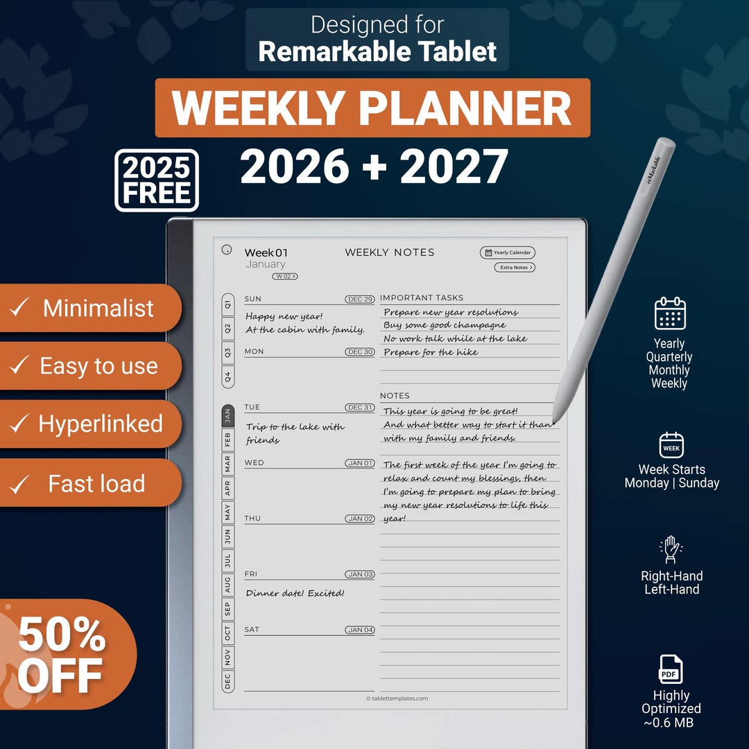 Weekly Planner for Remarkable 2 and Paper Pro 2026 - 2027, Hyperlinked ...