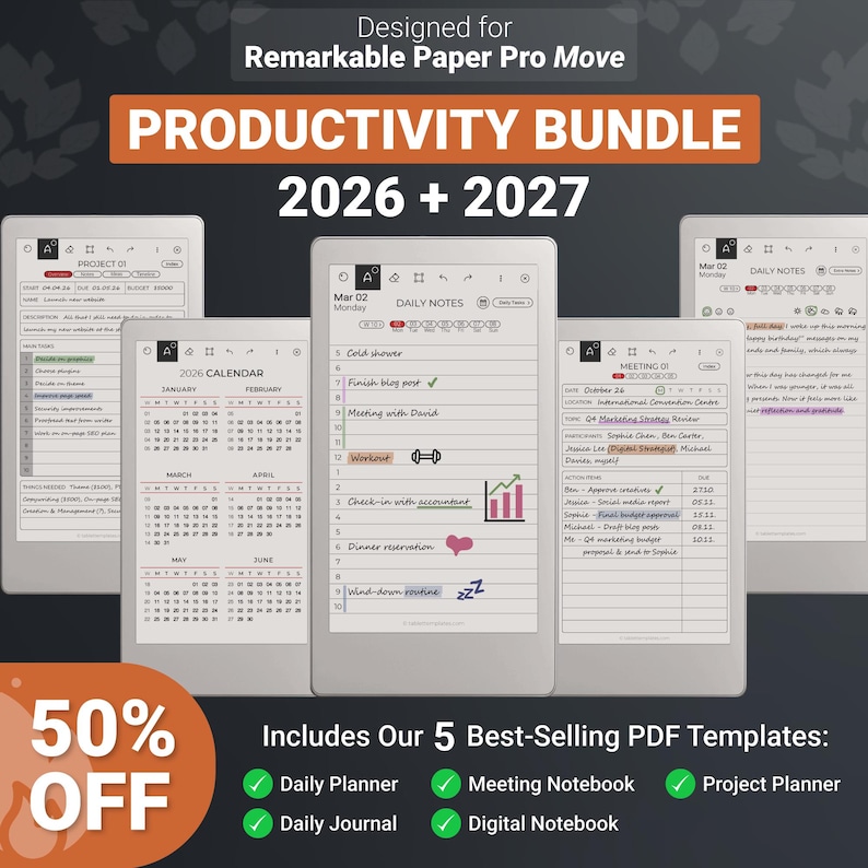 Remarkable Paper Pro Move Templates 2026-2027 Productivity Bundle