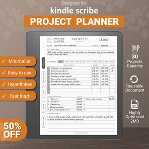 May include: A digital project planner for Kindle Scribe, with a minimalist design. The planner includes sections for tasks, progress tracking, and budget, with a capacity for 30 projects. It is a reusable PDF document, highly optimised at 2MB.