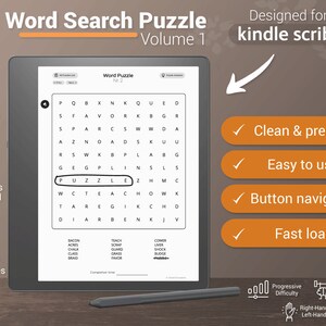 May include: A black and white word search puzzle on a Kindle Scribe e-reader. The puzzle is titled "Word Puzzle Nr. 2". The puzzle is designed for Kindle Scribe and features a clean and precise interface, easy to use button navigation, and fast load times.