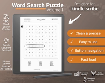 Può includere: Un puzzle di ricerca di parole in bianco e nero su un e-reader Kindle Scribe. Il puzzle è intitolato "Word Puzzle Nr. 2". Il puzzle è progettato per Kindle Scribe e presenta un'interfaccia pulita e precisa, una navigazione facile da usare con i pulsanti e tempi di caricamento rapidi.