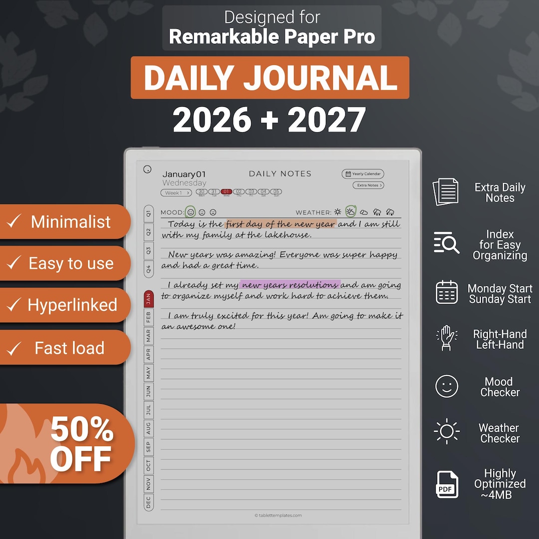 Daily Journal for Remarkable Paper Pro 2026-2027, Hyperlinked PDF ...