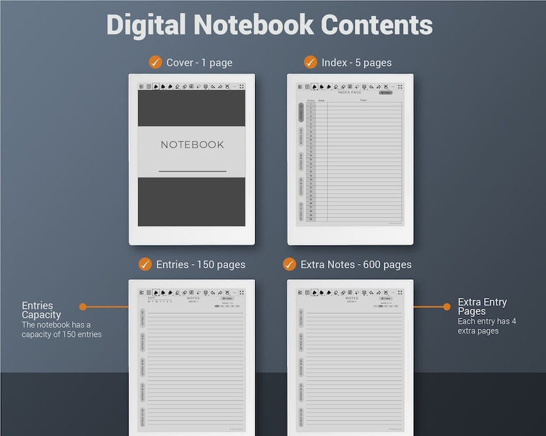 May include: A digital notebook with a cover page, index, entries, and extra notes. The notebook has a capacity of 150 entries and 600 pages of extra notes. Each entry has 4 extra pages.