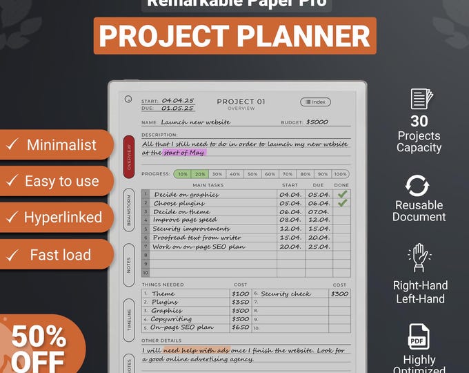 Project Planner for Remarkable Paper Pro Tablet, Undated, Hyperlinked ...