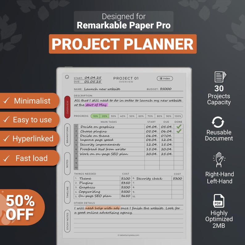 Project Planner for Remarkable Paper Pro Tablet, Undated, Hyperlinked ...