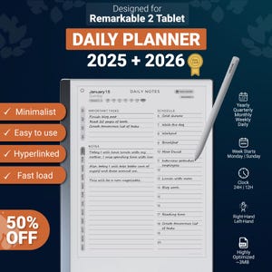 Daily Planner for Remarkable 2 Tablet 2025 + 2026, Hyperlinked PDF templates, calendar
