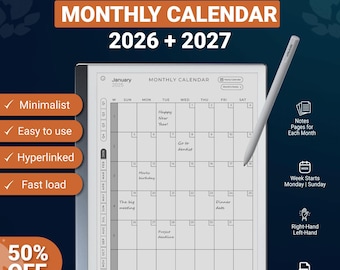 Calendario mensual 2026-2027 para reMarkable 2, Paper Pure y reMarkable Pro (PDF con hipervínculos)