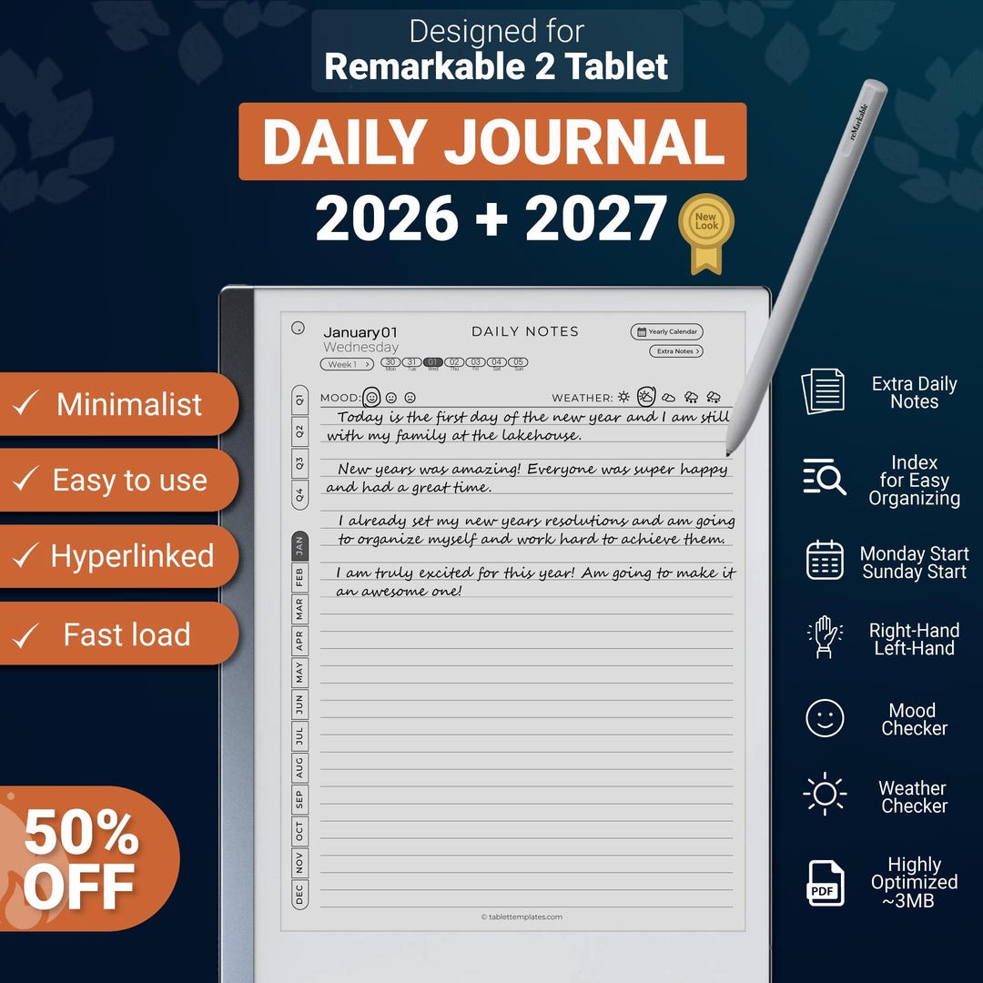 Daily Journal for Remarkable 2 and Paper Pure, Hyperlinked PDF Template ...