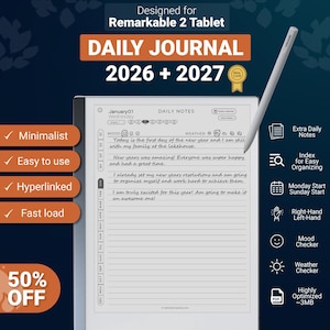 Daily Journal for Remarkable 2 2026-2027, hyperlinked PDF template, notes, diary