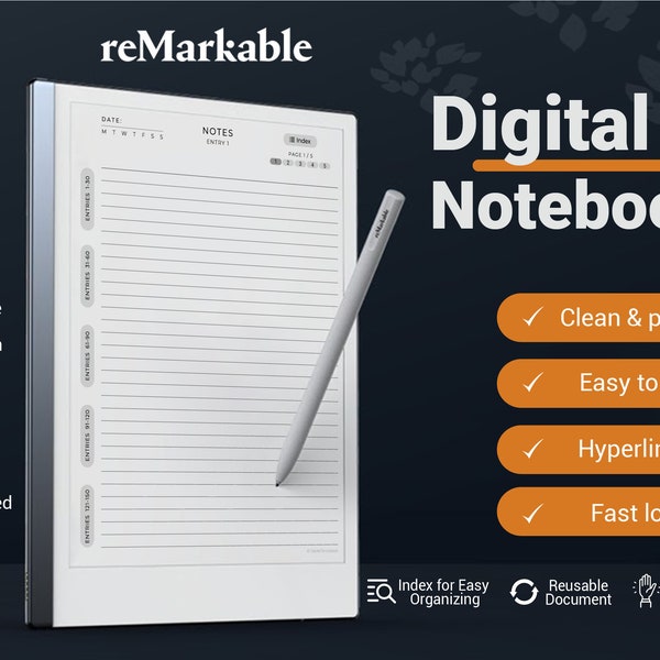 reMarkable 2 Notebook | remarkable 2 templates, Undated, Hyperlinked PDF