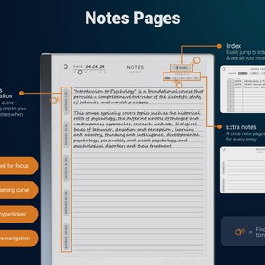 Puede incluir: Un bloc de notas digital blanco con un marco negro y un l&aacute;piz gris. El bloc de notas tiene una fecha, "04.04.24", y la palabra "NOTES" escrita en &eacute;l. El bloc de notas tiene una secci&oacute;n para notas y una secci&oacute;n para un &iacute;ndice. El texto "Introducci&oacute;n a la psicolog&iacute;a" est&aacute; escrito en el bloc de notas. El bloc de notas tiene una funci&oacute;n llamada "Navegaci&oacute;n de entradas" que permite al usuario saltar r&aacute;pidamente a otras entradas. El bloc de notas tambi&eacute;n tiene una funci&oacute;n llamada "Notas adicionales" que permite al usuario agregar notas adicionales a cada entrada.