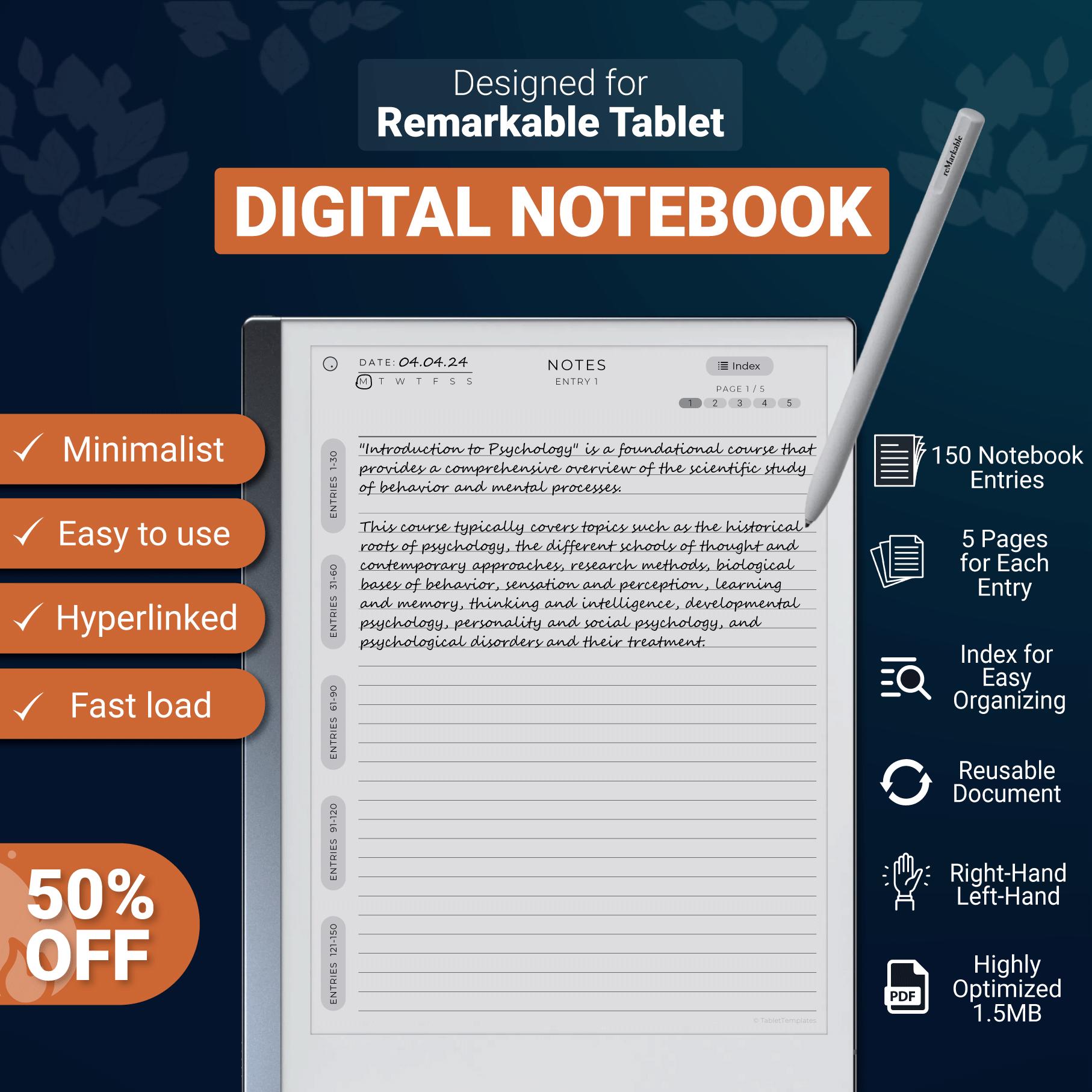 Digital Notebook for Remarkable 2 | Undated, Hyperlinked PDF