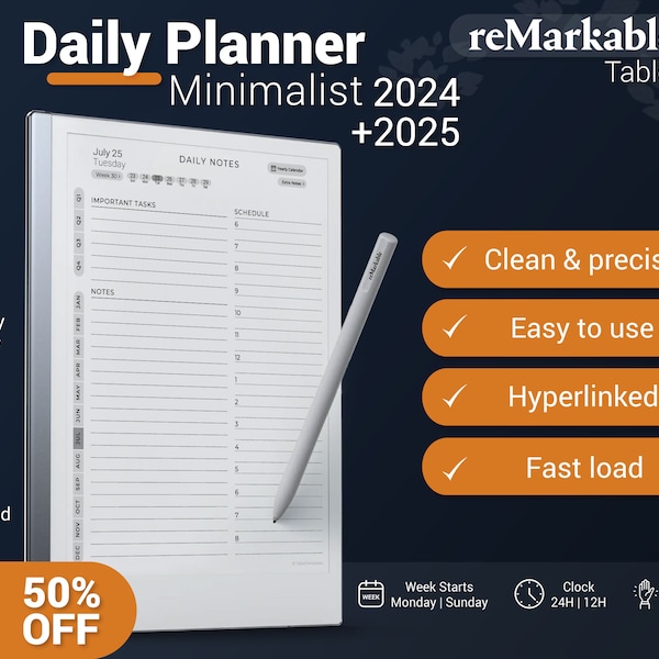 reMarkable 2 Daily Planner Minimalist 2024 + 2025, bemerkenswert 2 Vorlagen, bemerkenswerter Kalender