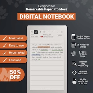 Könnte beinhalten: Digitales Notizbuch für Remarkable Paper Pro Move. Merkmale sind minimalistisches Design, einfache Bedienung, Hyperlinks und schnelles Laden. Das Notizbuch hat eine vertikale Ansicht, eine Symbolleiste oben und 95 Einträge.