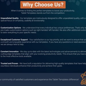 May include: A blue and orange graphic with the text "Why Choose Us?" and a list of reasons why someone should choose a company. The reasons include: Unparalleled Quality, Customization Options, Exceptional Customer Support, Constant Innovation, and Trusted and Proven. The graphic also includes a call to action to join the company's community.