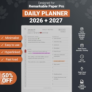 Agenda quotidien pour tablette Remarkable Paper Pro 2026-2027, modèles PDF avec liens hypertexte, calendrier