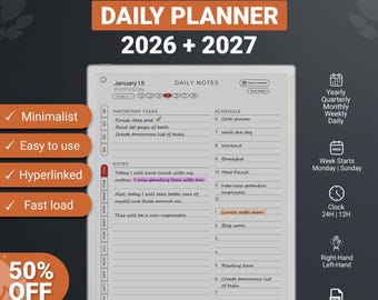 Daily Planner for Remarkable Paper Pro Tablet 2026-2027, Hyperlinked PDF templates, calendar