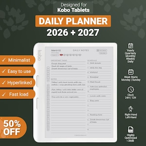 May include: A white Kobo tablet displays a digital daily planner for 2026 and 2027. The planner includes sections for daily notes, tasks, and a schedule. Features include minimalist design, easy use, hyperlinks, and fast loading. The image also shows a 50% off promotion.