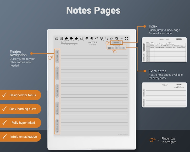 May include: A digital notebook app interface with a white background and gray lines. The app features a calendar, notes, and an index. The text "Notes Pages" is displayed at the top of the screen. The app is designed for focus, easy learning, and intuitive navigation.