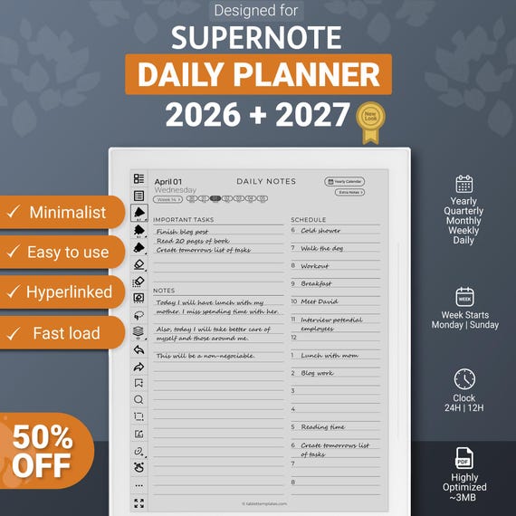 Supernote Daily Planner 2026 + 2027, supernote templates, calendar, A5X, Manta, A6X, Nomad