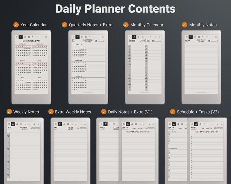 Designed for reMarkable Paper Pro Move Daily Planner Contents