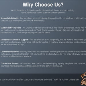 May include: A graphic with a dark blue background and white text. The text reads "Why Choose Us?" and explains the benefits of using Tablet Templates. The benefits include unparalleled quality, customization options, exceptional customer support, constant innovation, and trusted and proven templates.