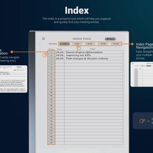 May include: A digital notebook with a white background and black lines. The notebook has a section labeled "Index Page" with columns for entry number, date, and topic. The notebook is used to organize and quickly find meeting entries.