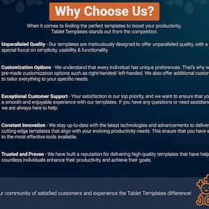 Puede incluir: Un gr&aacute;fico azul y naranja con el texto "&iquest;Por qu&eacute; elegirnos?" y una lista de razones por las que alguien deber&iacute;a elegir una empresa. Las razones incluyen: Calidad incomparable, Opciones de personalizaci&oacute;n, Atenci&oacute;n al cliente excepcional, Innovaci&oacute;n constante y Confianza y experiencia. El gr&aacute;fico tambi&eacute;n incluye una llamada a la acci&oacute;n para unirse a la comunidad de la empresa.