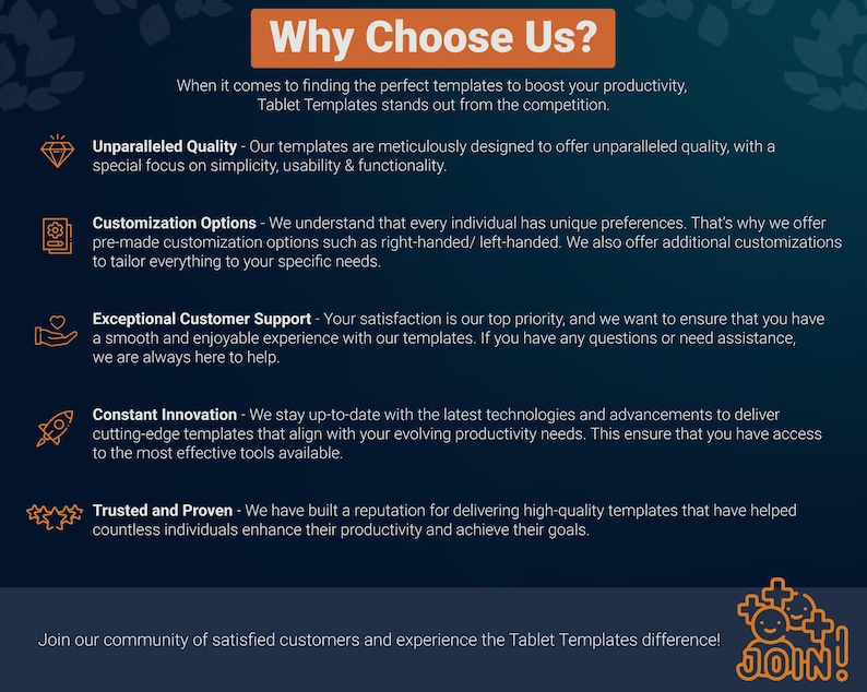 Puede incluir: Un gr&aacute;fico azul y naranja con el texto "&iquest;Por qu&eacute; elegirnos?" y una lista de razones por las que alguien deber&iacute;a elegir una empresa. Las razones incluyen: Calidad incomparable, Opciones de personalizaci&oacute;n, Atenci&oacute;n al cliente excepcional, Innovaci&oacute;n constante y Confianza y experiencia. El gr&aacute;fico tambi&eacute;n incluye una llamada a la acci&oacute;n para unirse a la comunidad de la empresa.