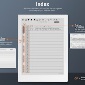 May include: A digital notebook with an index page that allows for easy navigation through multiple entries. The index page is displayed on a white e-reader with a black screen. The index page has a column for entry number, date, and topic. The topic column is filled with handwritten notes. The e-reader is on a gray background. The text "Index Page Navigation" is displayed on the left side of the image. The text "Entries Navigation" is displayed on the right side of the image. The text "See and easily jump to any notebook entry" is displayed below the text "Entries Navigation".