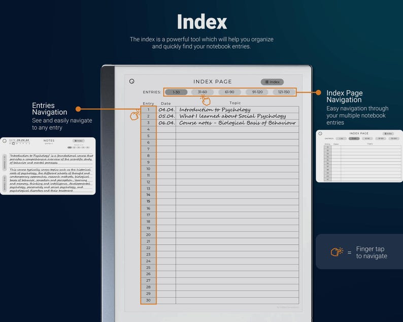 Puede incluir: Un cuaderno digital con fondo blanco y l&iacute;neas negras. El cuaderno tiene una p&aacute;gina de &iacute;ndice digital con una lista de entradas, fechas y temas. La p&aacute;gina de &iacute;ndice est&aacute; etiquetada como "Index Page". El cuaderno es una herramienta poderosa para organizar y encontrar r&aacute;pidamente las entradas del cuaderno.
