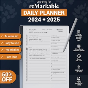 reMarkable 2 Daily Planner Minimalist 2024 2025, remarkable 2 templates, remarkable calendar zdjęcie 1