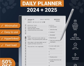 reMarkable 2 Daily Planner Minimalista 2024 + 2025, notables 2 plantillas, calendario notable
