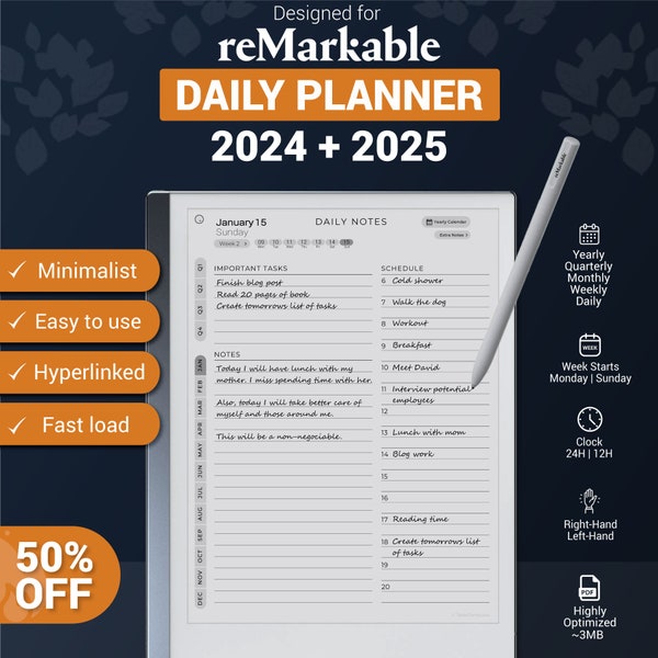 reMarkable 2 Daily Planner Minimalista 2024 + 2025, notables 2 plantillas, calendario notable