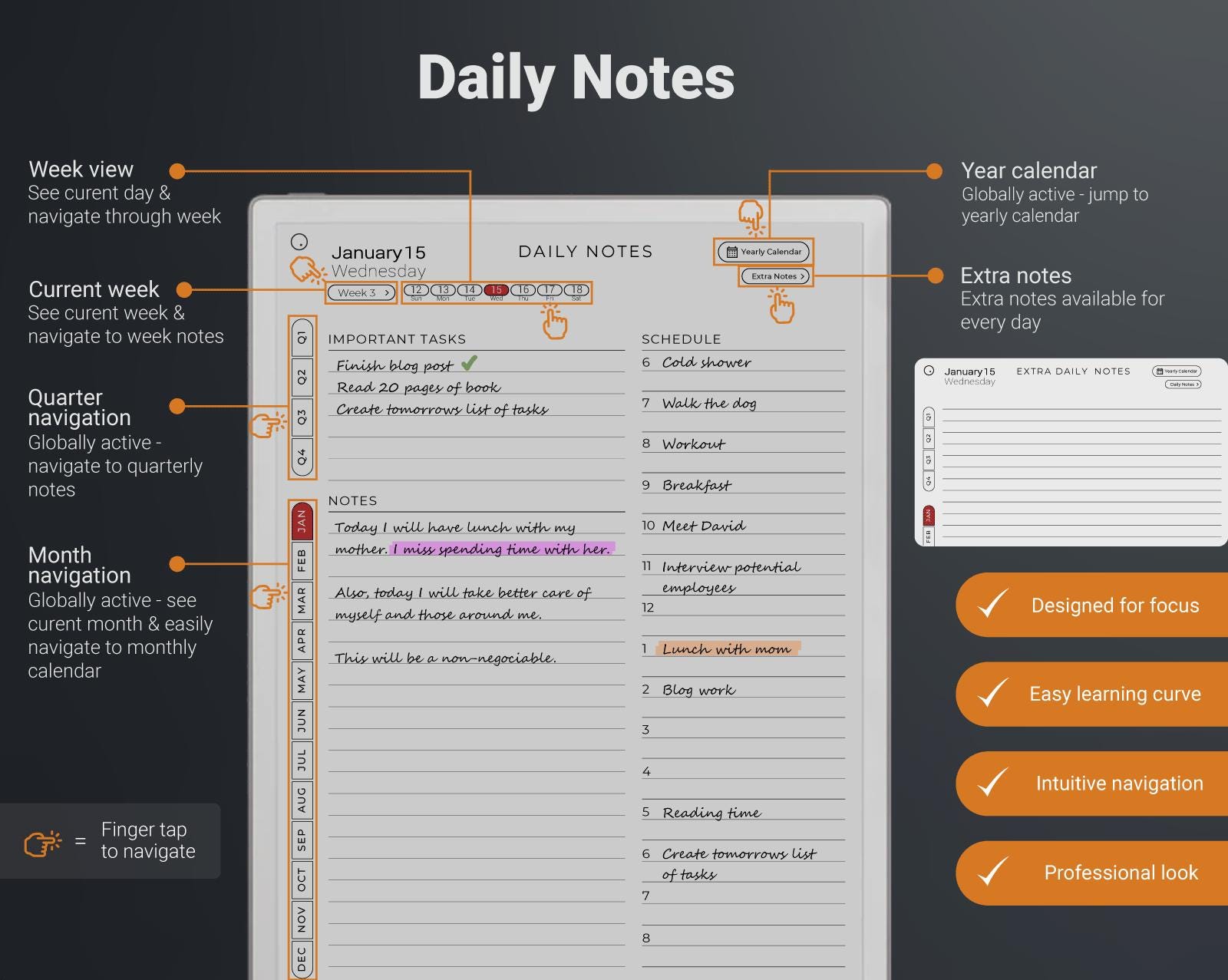 Daily Planner for Remarkable Paper Pro Tablet 2026-2027, Hyperlinked ...