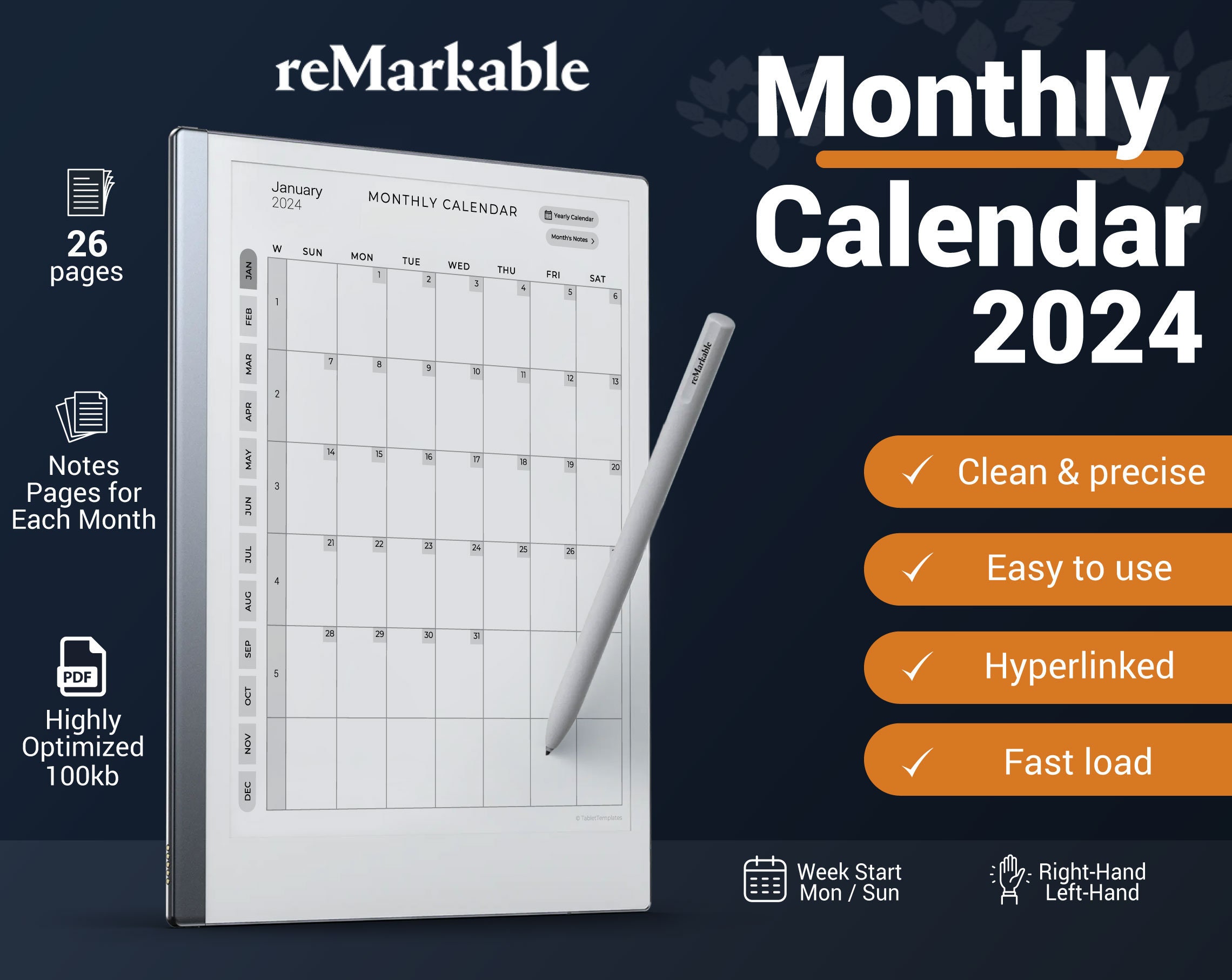 Remarkable 2 Monthly Calendar Template 2024 Etsy