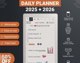 Daily Planner for reMarkable Paper Pro Move 2025 & 2026 Calendar, Hyperlinked PDF Template