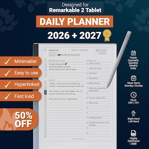 Planificador diario para tableta Remarkable 2 2026-2027, plantillas PDF con hipervínculos, calendario