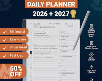 Planificador diario Remarkable 2 y Paper Pure 2026-2027, plantilla PDF con hipervínculos