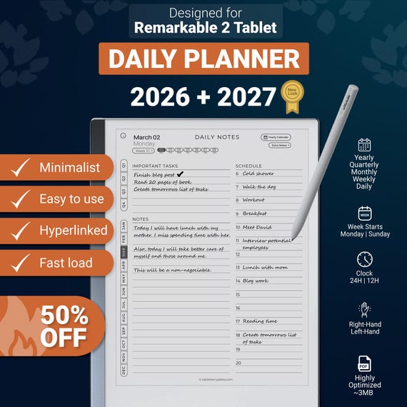 Daily Planner for Remarkable 2 Tablet 2026-2027, Hyperlinked PDF templates, calendar