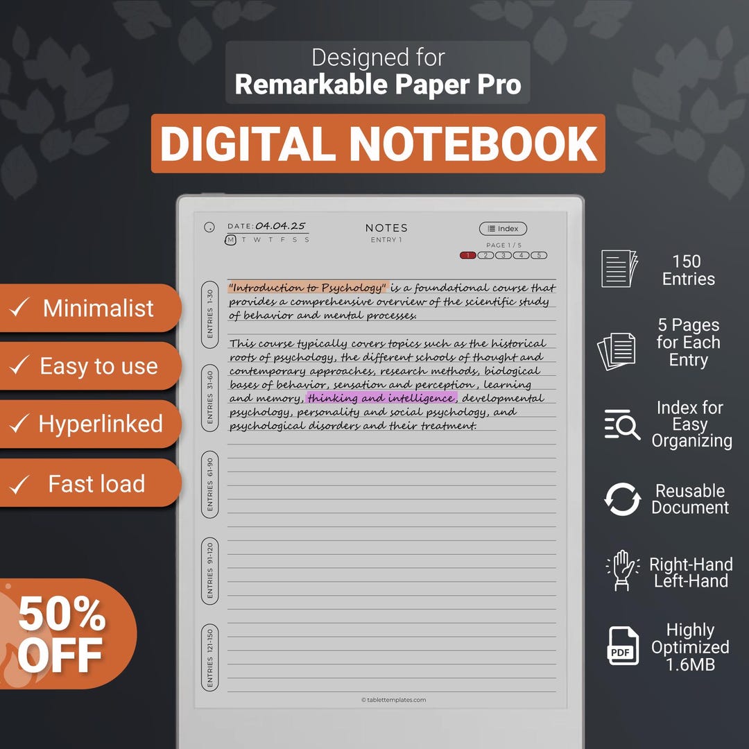 Digital Notebook for Remarkable Paper Pro | Undated, Hyperlinked PDF ...