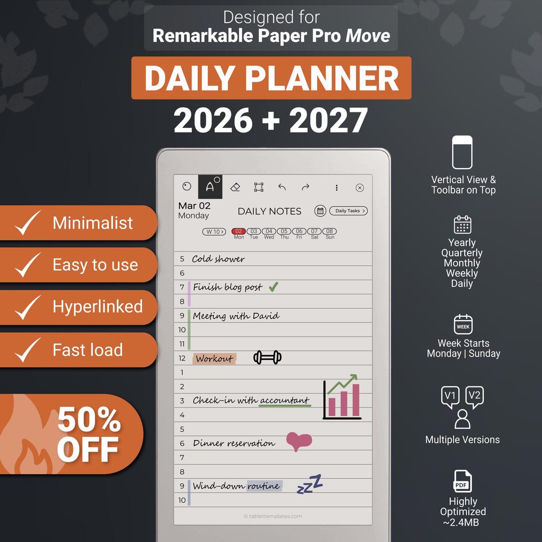 Daily Planner for Remarkable Paper Pro Move 2026-2027 Calendar ...