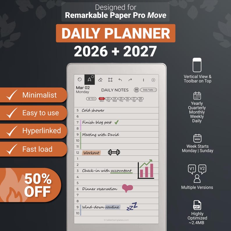 Designed for reMarkable Paper Pro Move Daily Planner Calendar Template 2026 & 2027