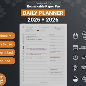 Planner giornaliero per tablet Remarkable Paper Pro 2025 + 2026, modelli PDF con collegamento ipertestuale, calendario