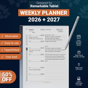 Planner settimanale per Remarkable 2 e Paper Pro 2026 - 2027, modello PDF con collegamento ipertestuale, calendario